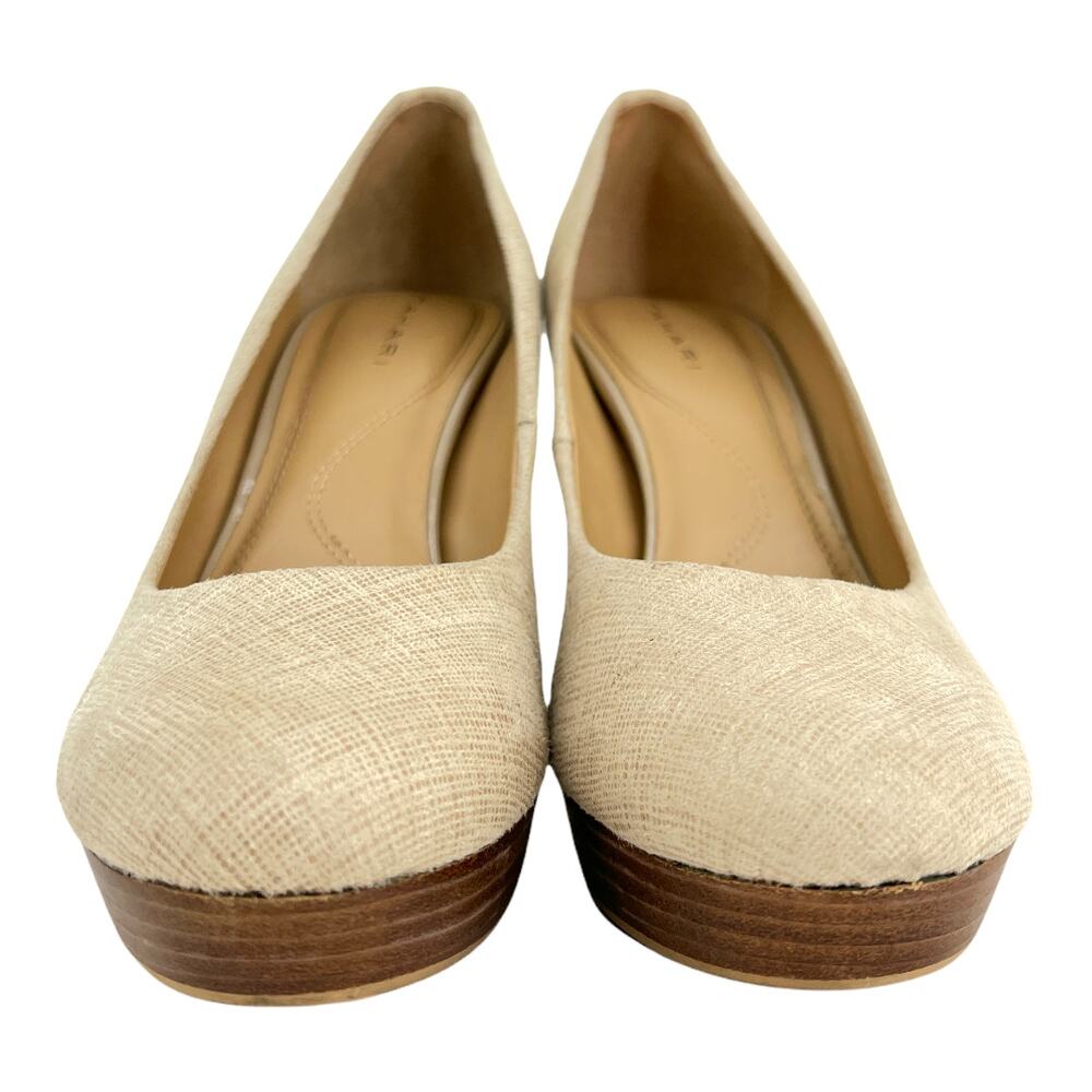 Tahari (7.5) Sophia Cream Waxed Burlap Stacked Platform Stiletto Pump Heels - Picture 4 of 12